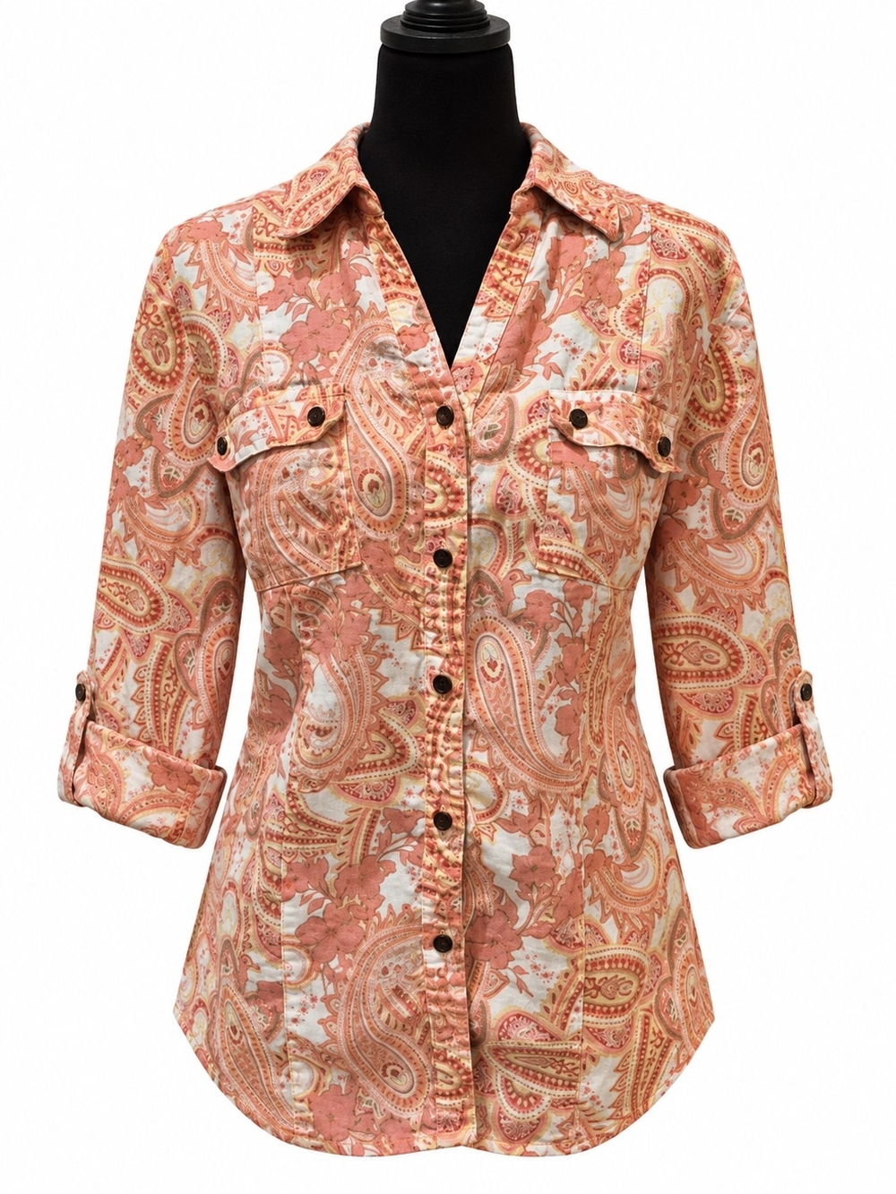 JM Collection Women’s Size 8 Coral Paisley Button Down Roll Tab Blouse